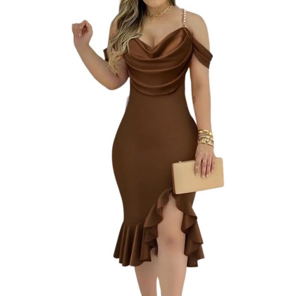 Women's Sexy Bodycon Brown Dress Off Shoulder Pearl Strap Midi Ruffle Cocktail